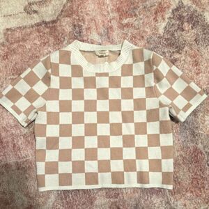 debut Beige White Checkered Knit Short Sleeve Pullover Sweater Size S